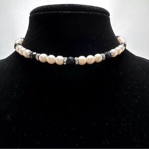 Margot Townsend, Pearl & Black Crystal Memory Wire Choker, Dangly Earrings, IOB
